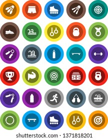 White Solid Icon Set- award cup vector, barbell, stadium, weight, hand trainer, punching bag, muscule, snickers, boxing glove, shorts, roller Skates, skateboard, target, medal, water bottle, pool