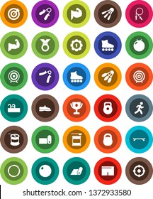 White Solid Icon Set- award cup vector, target, weight, jump rope, hand trainer, fitball, muscule, snickers, shorts, roller Skates, skateboard, medal, sports nutrition, fitness mat, shuttlecock, run