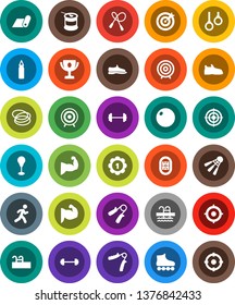 White Solid Icon Set- award cup vector, target, barbell, jump rope, hand trainer, punching bag, fitball, muscule, snickers, roller Skates, medal, sports nutrition, fitness mat, shuttlecock, pool