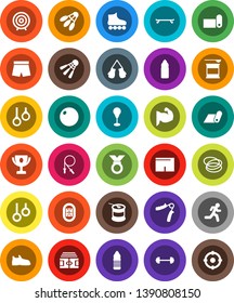 White Solid Icon Set- award cup vector, target, barbell, stadium, jump rope, hand trainer, punching bag, fitball, muscule, snickers, boxing glove, shorts, roller Skates, skateboard, medal, hoop, run