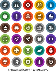 White Solid Icon Set- award cup vector, target, barbell, weight, hand trainer, punching bag, fitball, boxing glove, shorts, roller Skates, medal, sports nutrition, water bottle, fitness mat, pool