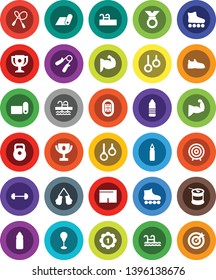 White Solid Icon Set- award cup vector, target, barbell, weight, jump rope, hand trainer, punching bag, muscule, snickers, boxing glove, shorts, roller Skates, medal, sports nutrition, water bottle