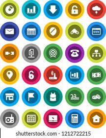 White Solid Icon Set- backpack vector, calculator, schedule, flag, graph, pie, arrow down, target, calendar, radio, notebook pc, classic phone, pills, browser, shield, router, cloud upload, mail