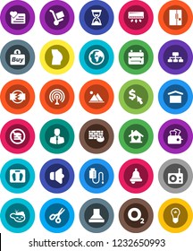 White Solid Icon Set- backpack vector, bell, scissors, sand clock, hierarchy, dollar cursor, scales, buttocks, no fastfood, heart monitor, oxygen, earth, client, dry cargo, radio, antenna, speaker