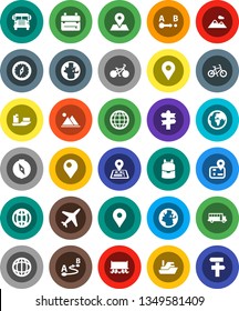 White Solid Icon Set- backpack vector, compass, school bus, world, bike, signpost, navigator, earth, map pin, Railway carriage, plane, ship, route, globe, mountain