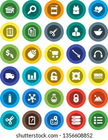 White Solid Icon Set- backpack vector, scissors, magnifier, flask, graph, crisis, dollar cursor, any currency, clipboard, punching bag, sports nutrition, breads, navigator, client, headphones, rca