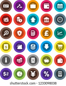White Solid Icon Set- bank vector, exchange, graph, pie, cart, wallet, piggy, case, coin stack, auction, receipt, money search, clock, arrow down, up, tie, dollar shield, calendar, pound, yen sign