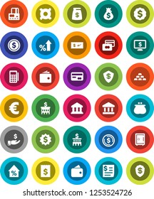 White Solid Icon Set- bank vector, dollar coin, credit card, wallet, percent growth, money bag, investment, building, receipt, medal, safe, monitor, any currency, euro sign, gold ingot, reader