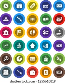 White Solid Icon Set- bank vector, exchange, graph, pie, japanese candle, laptop, credit card, wallet, cash, crisis, percent growth, investment, check, building, receipt, money search, arrow up