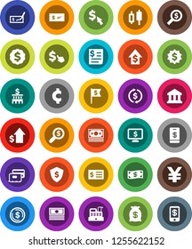 White Solid Icon Set- bank vector, exchange, dollar coin, japanese candle, cash, growth, check, building, receipt, money search, medal, flag, shield, monitor, cursor, yen sign, cent, credit card