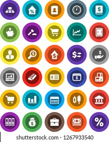 White Solid Icon Set- bank vector, exchange, graph, gold ingot, cart, japanese candle, laptop, credit card, percent growth, money bag, piggy, manager, case, investment, dollar, auction, receipt