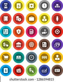 White Solid Icon Set- bank vector, cart, manager, case, investment, coin stack, check, receipt, clock, target, man, sand, personal information, dollar shield, safe, hierarchy, cursor, any currency