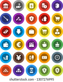 White Solid Icon Set- bank vector, gold ingot, cart, japanese candle, crisis, percent growth, piggy, manager, case, investment, dollar, coin stack, auction, building, receipt, clock, binder, sand