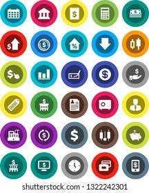 White Solid Icon Set- bank vector, exchange, dollar coin, graph, japanese candle, credit card, percent growth, piggy, manager, investment, check, building, calculator, receipt, clock, arrow down