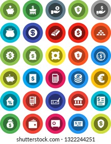 White Solid Icon Set- bank vector, dollar coin, gold ingot, wallet, percent growth, money bag, piggy, investment, check, building, medal, shield, safe, any currency, euro sign, receipt, card reader