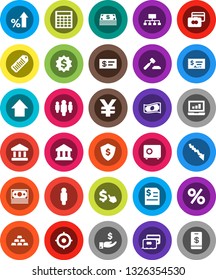 White Solid Icon Set- bank vector, laptop graph, credit card, cash, crisis, percent growth, investment, auction, check, annual report, calculator, target, man, arrow up, dollar medal, shield, safe