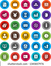 White Solid Icon Set- bank vector, exchange, graph, pie, credit card, wallet, percent growth, manager, case, investment, coin stack, check, annual report, calculator, binder, sand clock, dollar flag