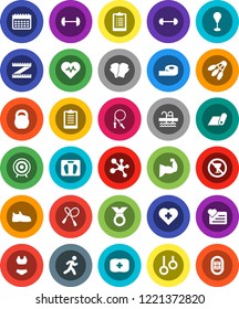 White Solid Icon Set- barbell vector, measuring, scales, heart pulse, clipboard, weight, jump rope, punching bag, muscule hand, snickers, boxing glove, swimsuite, target, medal, molecule, calendar