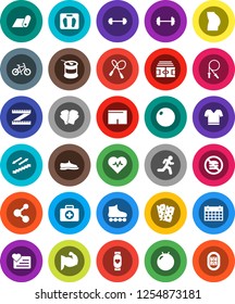 White Solid Icon Set- barbell vector, measuring, scales, heart pulse, stadium, bike, jump rope, fitball, muscule hand, buttocks, snickers, boxing glove, shorts, t shirt, roller Skates, molecule