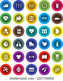 White Solid Icon Set- barbell vector, measuring, scales, heart pulse, stopwatch, clipboard, hand trainer, horizontal bar, punching bag, muscule, buttocks, snickers, boxing glove, shorts, swimsuite