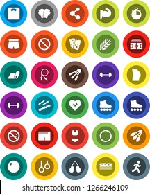 White Solid Icon Set- barbell vector, scales, heart pulse, stadium, stopwatch, jump rope, fitball, muscule hand, buttocks, boxing glove, shorts, swimsuite, roller Skates, molecule, stairways run