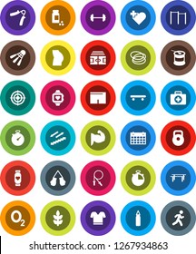 White Solid Icon Set- barbell vector, stadium, stopwatch, pills vial, weight, jump rope, hand trainer, horizontal bar, punching bag, muscule, buttocks, boxing glove, shorts, t shirt, skateboard