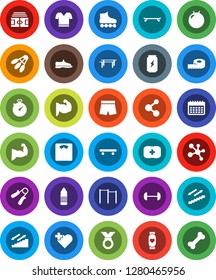 White Solid Icon Set- barbell vector, measuring, scales, stadium, stopwatch, hand trainer, horizontal bar, fitball, muscule, snickers, shorts, t shirt, roller Skates, skateboard, medal, enegry drink