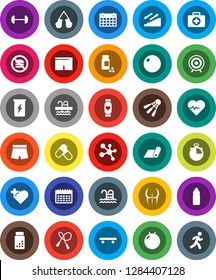 White Solid Icon Set- barbell vector, heart pulse, stopwatch, pills vial, jump rope, fitball, buttocks, boxing glove, shorts, skateboard, target, enegry drink, molecule, monitor, water bottle, pool