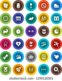 White Solid Icon Set- barbell vector, scales, stopwatch, clipboard, pills vial, jump rope, punching bag, muscule hand, buttocks, swimsuite, roller Skates, skateboard, medal, sports nutrition, breads