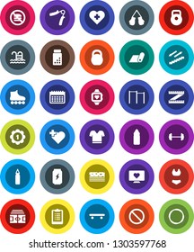White Solid Icon Set- barbell vector, measuring, stadium, clipboard, pills vial, weight, hand trainer, horizontal bar, punching bag, boxing glove, swimsuite, t shirt, roller Skates, skateboard, pool