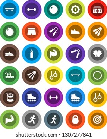 White Solid Icon Set- barbell vector, stadium, weight, hand trainer, punching bag, fitball, muscule, snickers, boxing glove, shorts, roller Skates, skateboard, medal, sports nutrition, shuttlecock