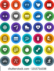 White Solid Icon Set- barbell vector, measuring, heart pulse, clipboard, pills vial, bike, weight, jump rope, hand trainer, horizontal bar, fitball, boxing glove, shorts, swimsuite, roller Skates