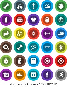 White Solid Icon Set- barbell vector, measuring, scales, stadium, stopwatch, pills vial, weight, punching bag, fitball, muscule hand, snickers, boxing glove, t shirt, skateboard, target, cereals