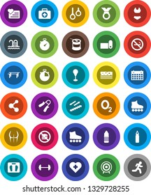White Solid Icon Set- barbell vector, scales, stopwatch, hand trainer, horizontal bar, punching bag, buttocks, swimsuite, roller Skates, target, medal, sports nutrition, molecule, water bottle, pool