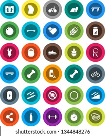 White Solid Icon Set- barbell vector, scales, stopwatch, pills vial, bike, weight, jump rope, horizontal bar, punching bag, fitball, buttocks, snickers, swimsuite, skateboard, enegry drink, molecule