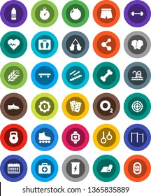 White Solid Icon Set- barbell vector, scales, heart pulse, stopwatch, weight, horizontal bar, fitball, snickers, boxing glove, shorts, roller Skates, skateboard, target, medal, enegry drink, monitor