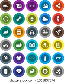 White Solid Icon Set- barbell vector, scales, clipboard, bike, punching bag, muscule hand, snickers, boxing glove, t shirt, roller Skates, skateboard, medal, pills, sports nutrition, enegry drink