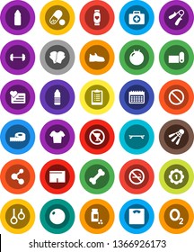 White Solid Icon Set- barbell vector, measuring, scales, clipboard, pills vial, hand trainer, fitball, snickers, boxing glove, shorts, t shirt, skateboard, medal, molecule, heart monitor, calendar