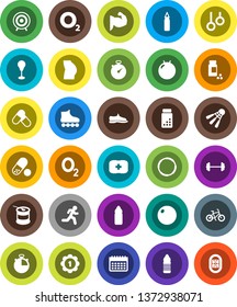 White Solid Icon Set- barbell vector, stopwatch, pills vial, bike, punching bag, fitball, muscule hand, buttocks, snickers, roller Skates, target, medal, sports nutrition, water bottle, calendar
