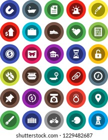 White Solid Icon Set- bath vector, scales, pen, case, paper pin, compass, magnet, abacus, exchange, dollar coin, growth, sand clock, bike, snickers, map, big, music hit, heart cross, insemination