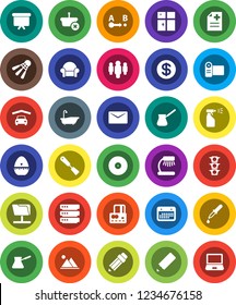 White Solid Icon Set- bath vector, sprayer, shining window, cook timer, spatula, turk coffee, pencil, table lamp, credit card, man, presentation board, shuttlecock, traffic light, calendar, route