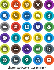White Solid Icon Set- bath vector, water tap, dish, pasta, atom, scissors, exam, dollar coin, money bag, auction, horizontal bar, medal, fitness mat, map pin, plane, clock, top sign, weight, dialog