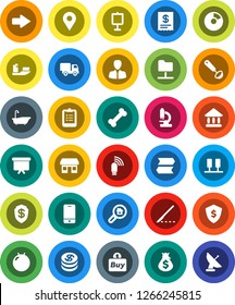White Solid Icon Set- bath vector, ladle, clipboard, presentation, university, pie graph, money bag, manager, board, dollar shield, fitball, bone, office, ship, mobile phone, scalpel, microscope