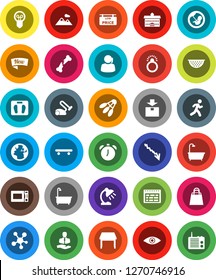 White Solid Icon Set- bath vector, colander, microwave oven, university, table lamp, alarm clock, schedule, crisis, scales, skateboard, shuttlecock, run, earth, support, client, package, eye, new