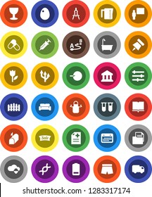 White Solid Icon Set- bath vector, measuring cup, apron, egg, book, blackboard, drawing compass, paper pin, bank, shorts, pills, calendar, document, glass, tulip, route, battery, vial, dna, syringe