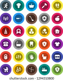 White Solid Icon Set- bath vector, toilet, pan, ladle, meat hammer, mushroom, medal, constellation, manager, dollar shield, diet, t shirt, pills, gymnast rings, run, phone, music hit, antenna, rca