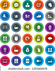 White Solid Icon Set- bath vector, liquid soap, mixer, bbq, corner ruler, music, exchange, money bag, measuring, client, top sign, oil barrel, shelving, microphone, touchscreen, cloud, message, redo