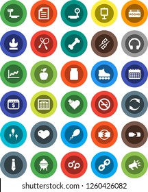 White Solid Icon Set- bbq vector, jar, apple fruit, schedule, presentation, document, graph, tie, dollar calendar, jump rope, roller Skates, no smoking, bone, flammable, big scales, headphones, link