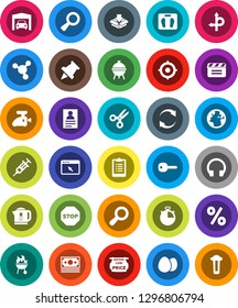 White Solid Icon Set- bbq vector, egg, paper pin, scissors, personal information, molecule, target, scales, stopwatch, clipboard, route, earth, money, cinema clap, headphones, magnifier, syringe