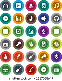 White Solid Icon Set- bell vector, music, disk, hit, microphone, radio, speaker, equalizer, headphones, play button, backward, rec, jack
